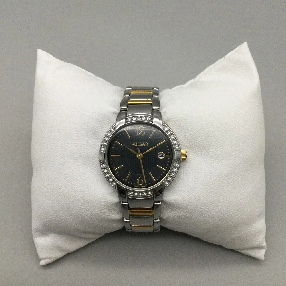 Pulsar Women Watch 27mm Two Tone Black Dial Crystals VJ22-X112 New Battery 6.25